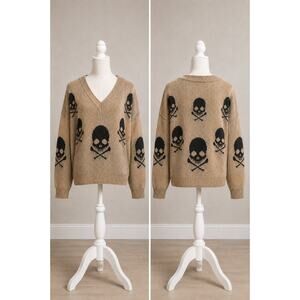Skull Crossbones V-Neck Sweater Tan Black Gothic Punk Grunge Oversized XL